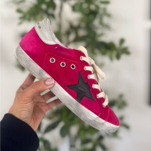 Fuschia Pink Velvet and Silver Superstars Sneakers